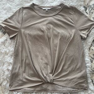 Green Envelope Taupe Twist Front Top XL Neutral Basic Short Sleeve Blouse